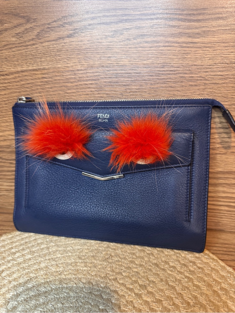 FENDI Monster Eyes Fox Fur Navy Blue Lamb Leather Clutch 9.5x6.5